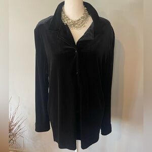 Sag Harbor Black Velvet Button Front Blouse Women's L Long Sleeve Tunic Stretch